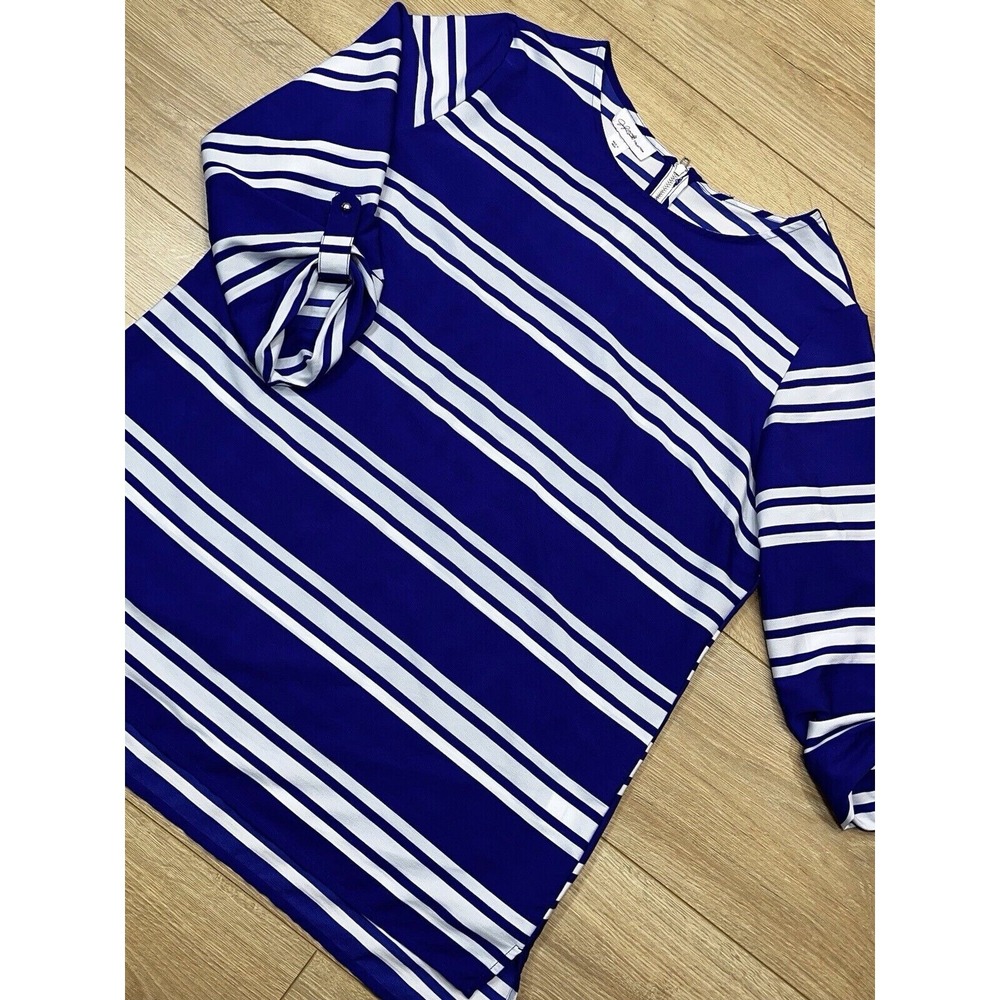 Jaclyn Smith Tunic Top Blouse Striped Roll-Tab Sleeve Large Casual Blue White